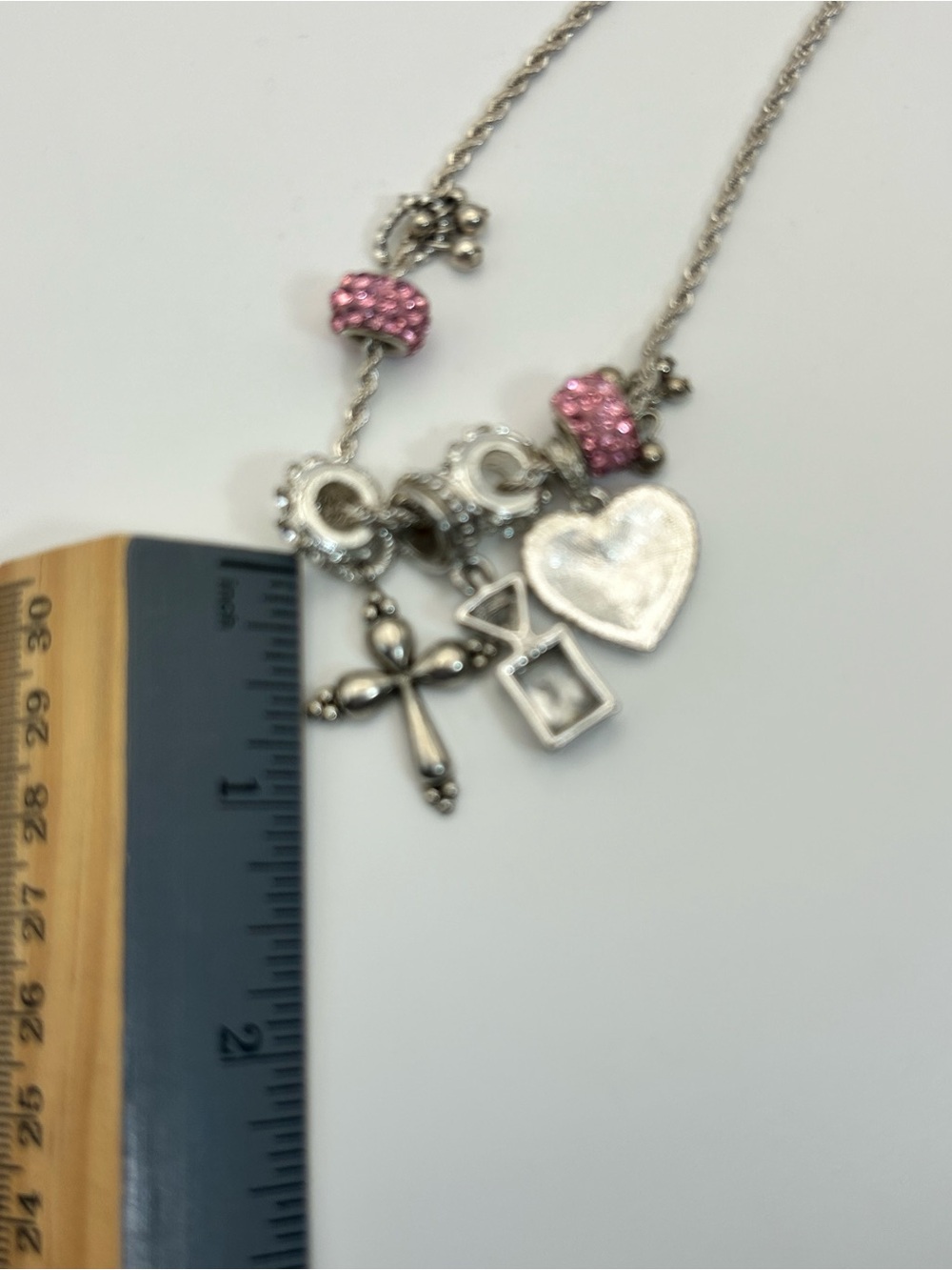 Sparkling Pink Crystals Charm Necklace Silver-tone Cross 30" Unsigned - Picture 12 of 13